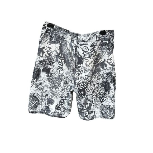 Fox Racing Board Shorts Mens 33 Black White Graphiti Cargo Pocket Unlined - Picture 2 of 6